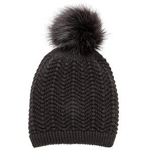 VIA Knit Hat Black Recycled Slouchy Knit Hat with Pom