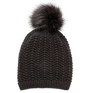 Kyi Kyi Knitted Faux Fur Pom Pom Hat In Black