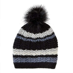 VIA Knit Hat Multi Black Stripe Recycled Slouchy Knit Hat with Pom