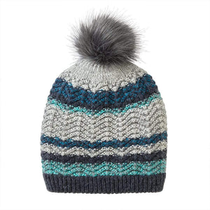 VIA Knit Hat Multi Turquoise Stripe Recycled Slouchy Knit Hat with Pom